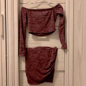 Off the shoulder crop top and mini skirt set